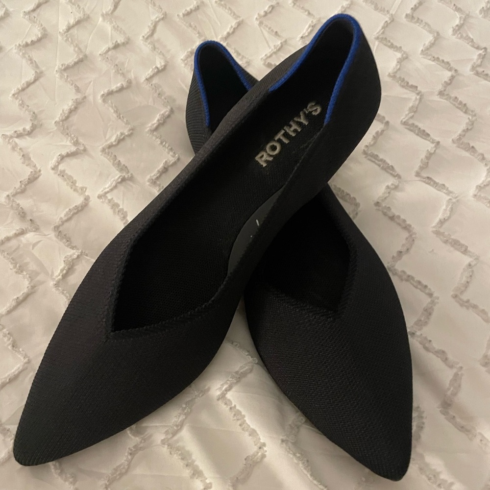 Rothy's Black Pointed-Toe Flats with Blue Trim